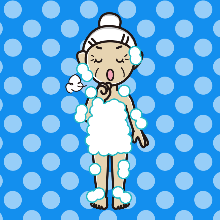 咳払いする泡だらけのおばあさんのイラスト【色、背景あり】PNG