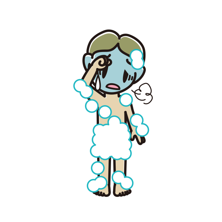 具合が悪い泡だらけの小学生男子のイラスト【色あり、背景なし】透過PNG