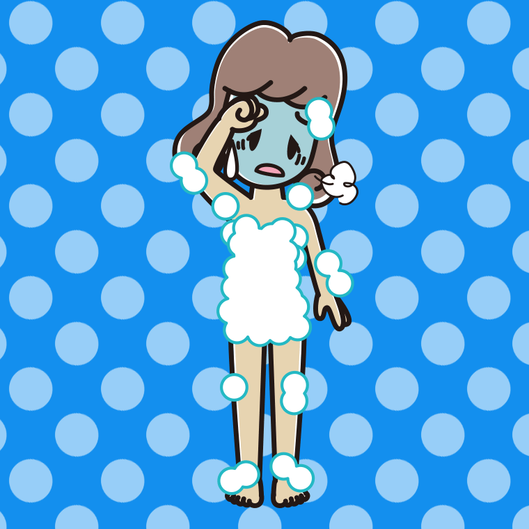具合が悪い泡だらけの女子大学生のイラスト【色、背景あり】PNG