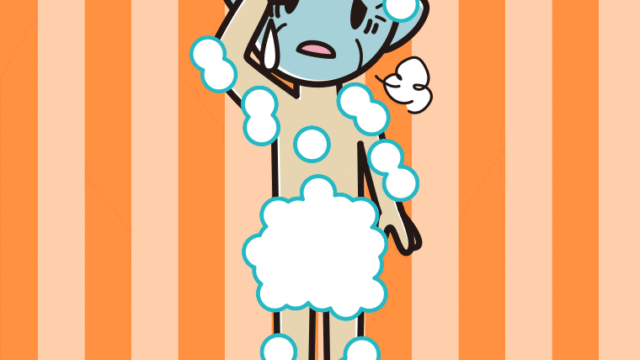 具合が悪い泡だらけのおじいさんのイラスト【色、背景あり】PNG