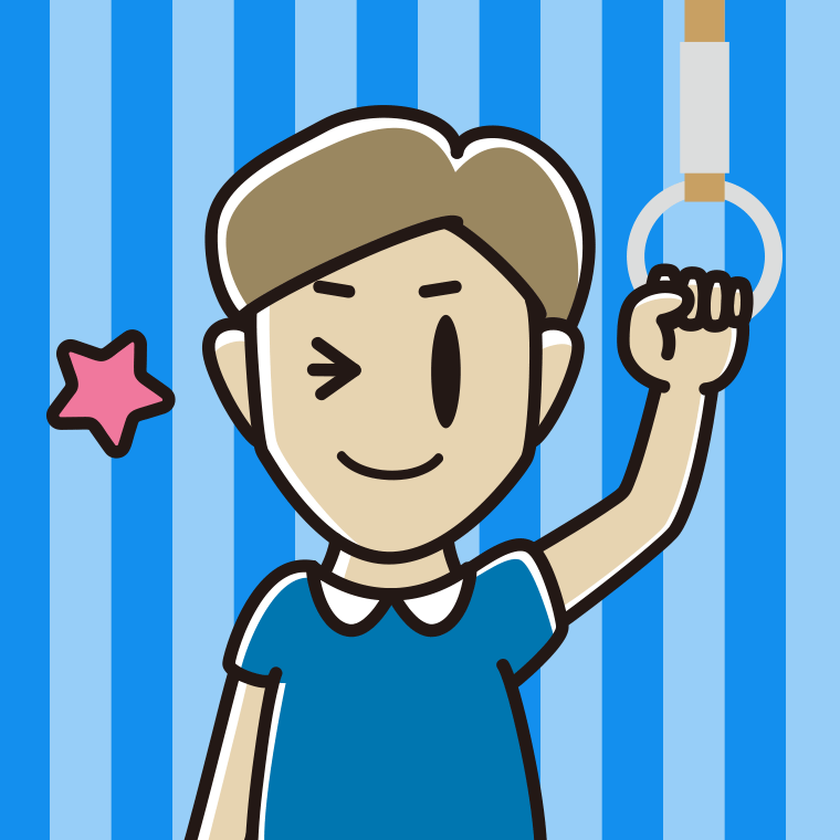 つり革につかまりウインクする男性のイラスト【色、背景あり】PNG