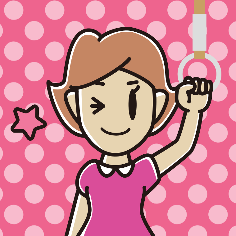 つり革につかまりウインクする女性のイラスト【色、背景あり】PNG
