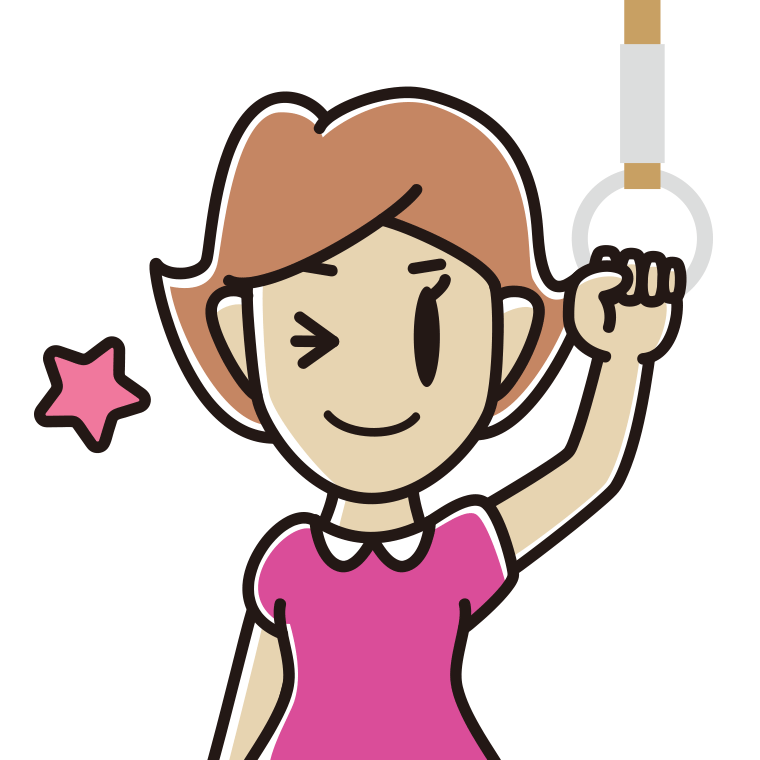 つり革につかまりウインクする女性のイラスト【色あり、背景なし】透過PNG