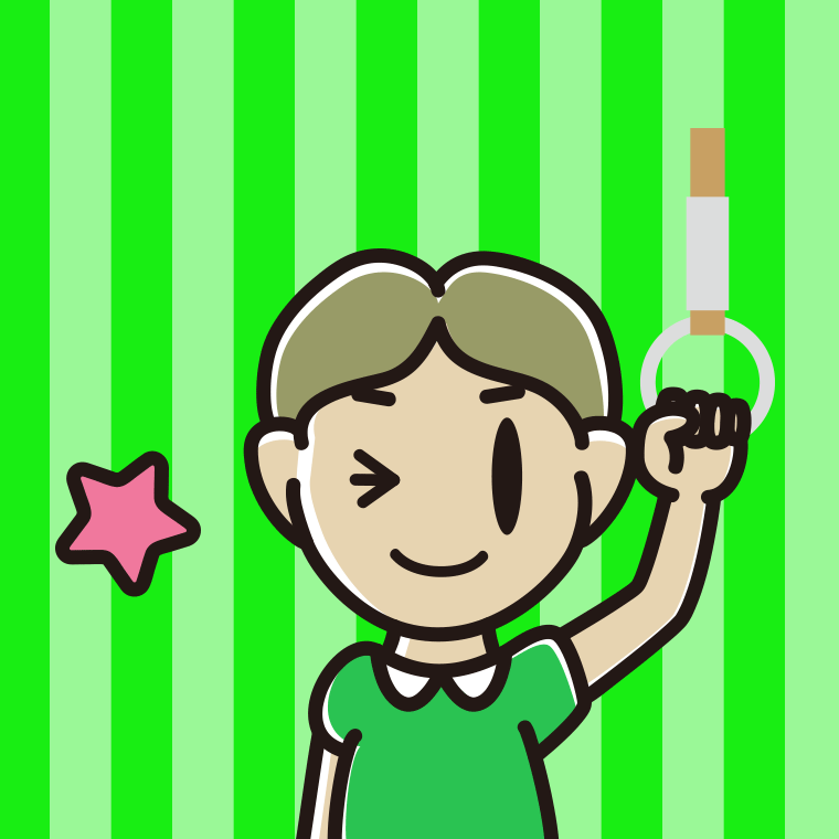 つり革につかまりウインクする小学生男子のイラスト【色、背景あり】PNG