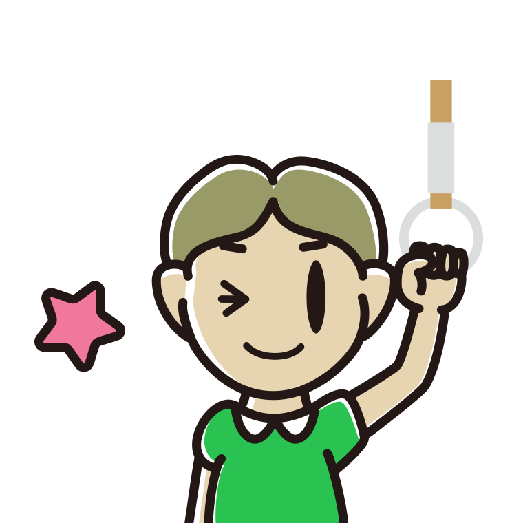 つり革につかまりウインクする小学生男子のイラスト【色あり、背景なし】透過PNG