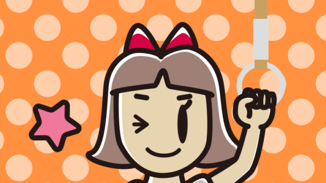 つり革につかまりウインクする小学生女子のイラスト【色、背景あり】PNG