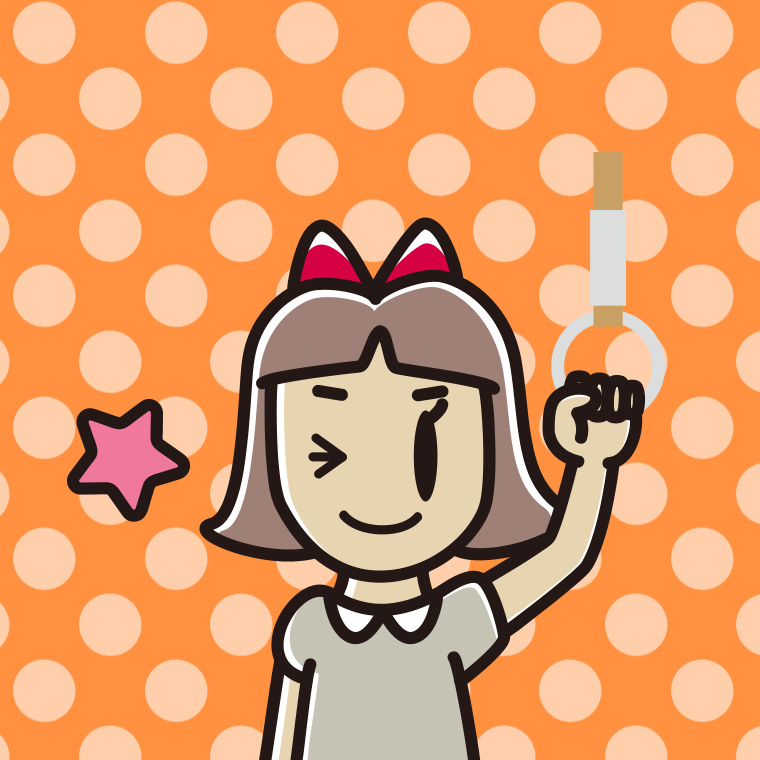 つり革につかまりウインクする小学生女子のイラスト【色、背景あり】PNG