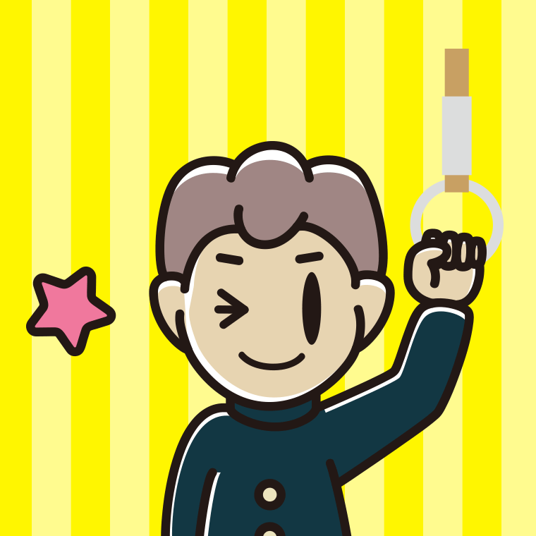 つり革につかまりウインクする男子中学生のイラスト【色、背景あり】PNG