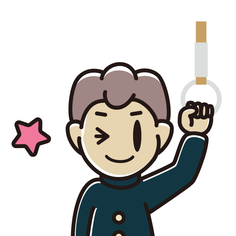 つり革につかまりウインクする男子中学生のイラスト【色あり、背景なし】透過PNG