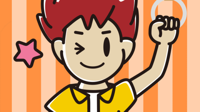 つり革につかまりウインクする男子大学生のイラスト【色、背景あり】PNG