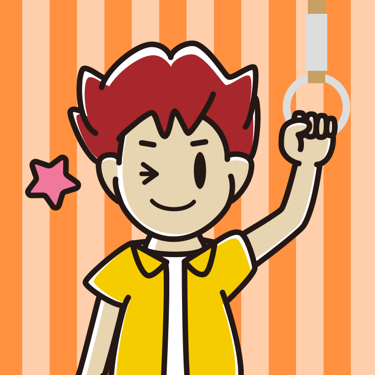 つり革につかまりウインクする男子大学生のイラスト【色、背景あり】PNG