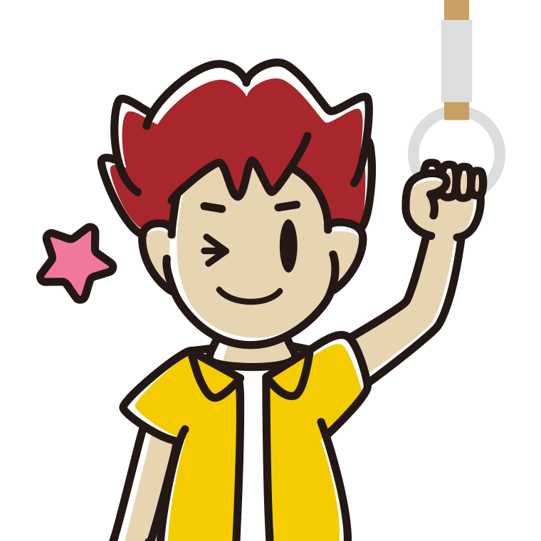 つり革につかまりウインクする男子大学生のイラスト【色あり、背景なし】透過PNG