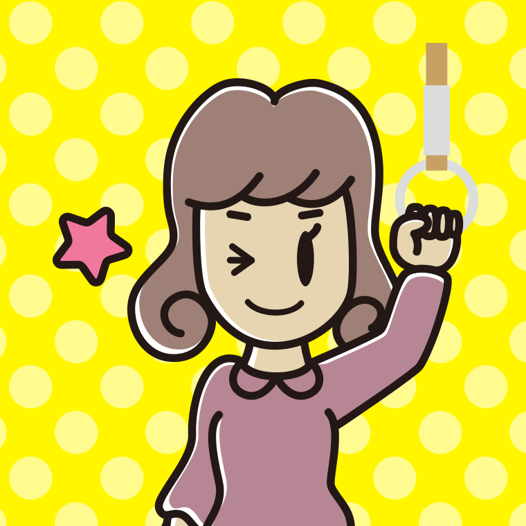 つり革につかまりウインクする女子大学生のイラスト【色、背景あり】PNG