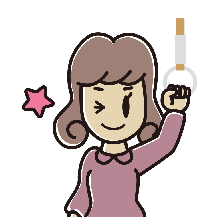 つり革につかまりウインクする女子大学生のイラスト【色あり、背景なし】透過PNG
