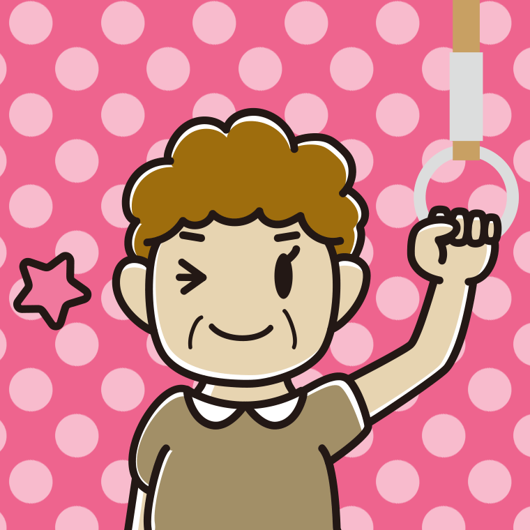 つり革につかまりウインクするおばさんのイラスト【色、背景あり】PNG