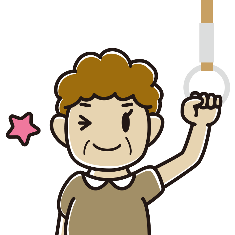 つり革につかまりウインクするおばさんのイラスト【色あり、背景なし】透過PNG