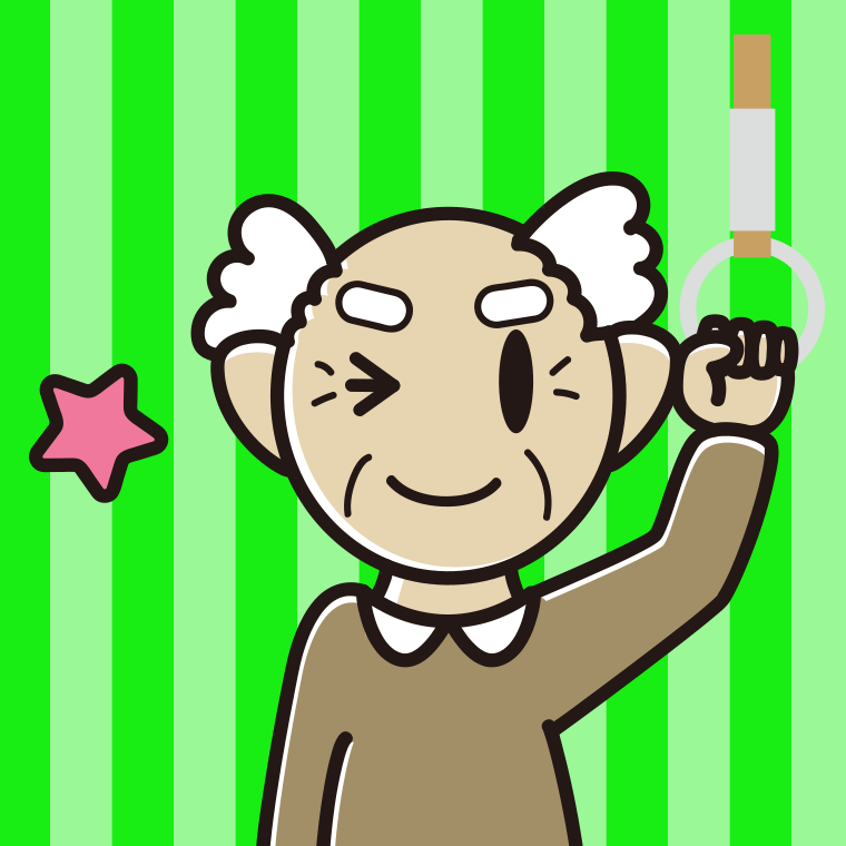 つり革につかまりウインクするおじいさんのイラスト【色、背景あり】PNG