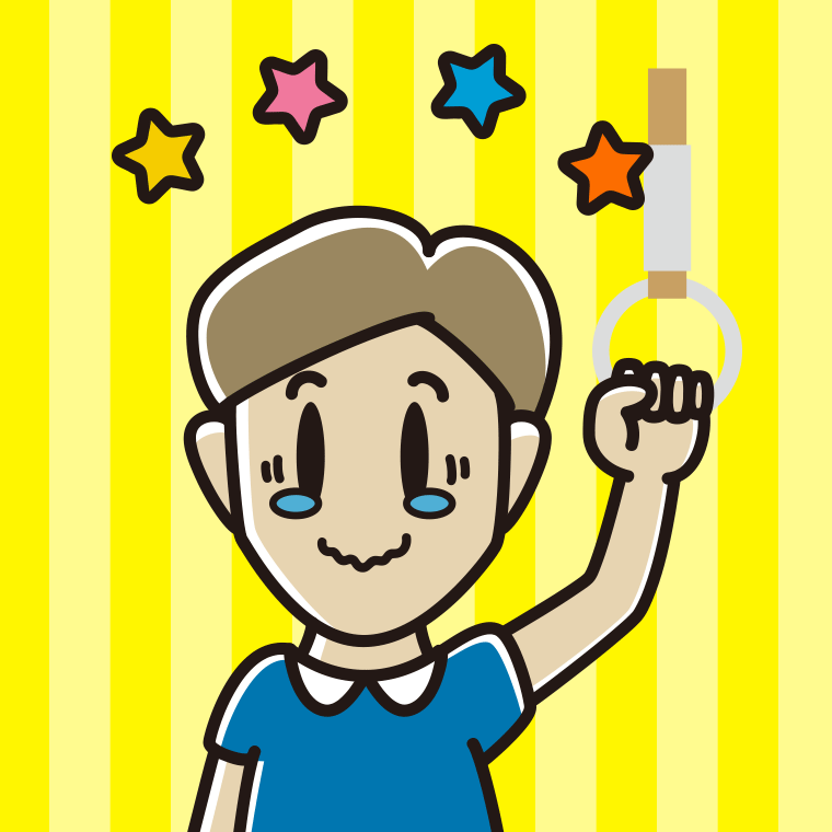 つり革につかまりジーンとする男性のイラスト【色、背景あり】PNG