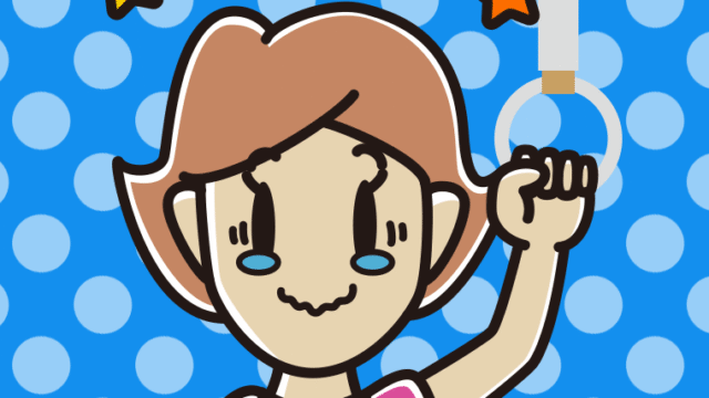 つり革につかまりジーンとする女性のイラスト【色、背景あり】PNG