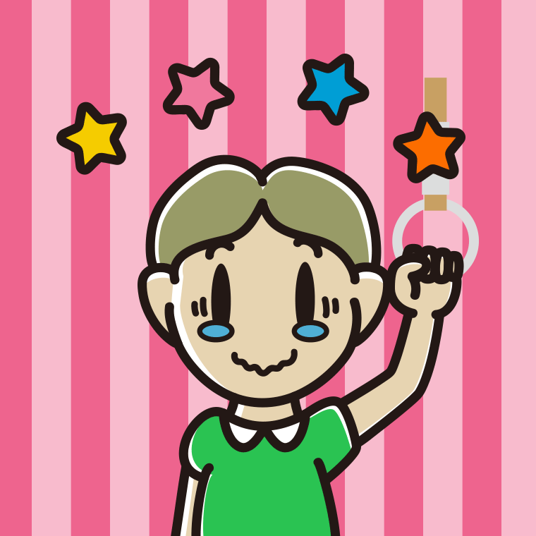 つり革につかまりジーンとする小学生男子のイラスト【色、背景あり】PNG
