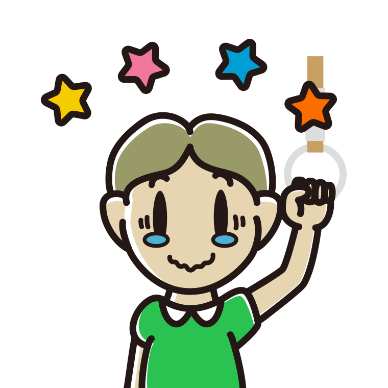 つり革につかまりジーンとする小学生男子のイラスト【色あり、背景なし】透過PNG