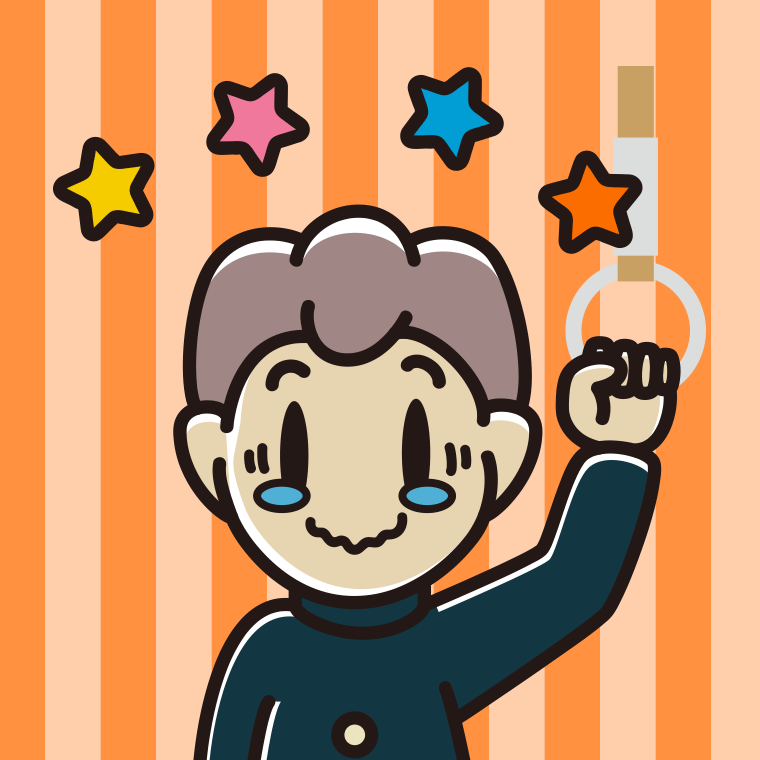 つり革につかまりジーンとする男子中学生のイラスト【色、背景あり】PNG