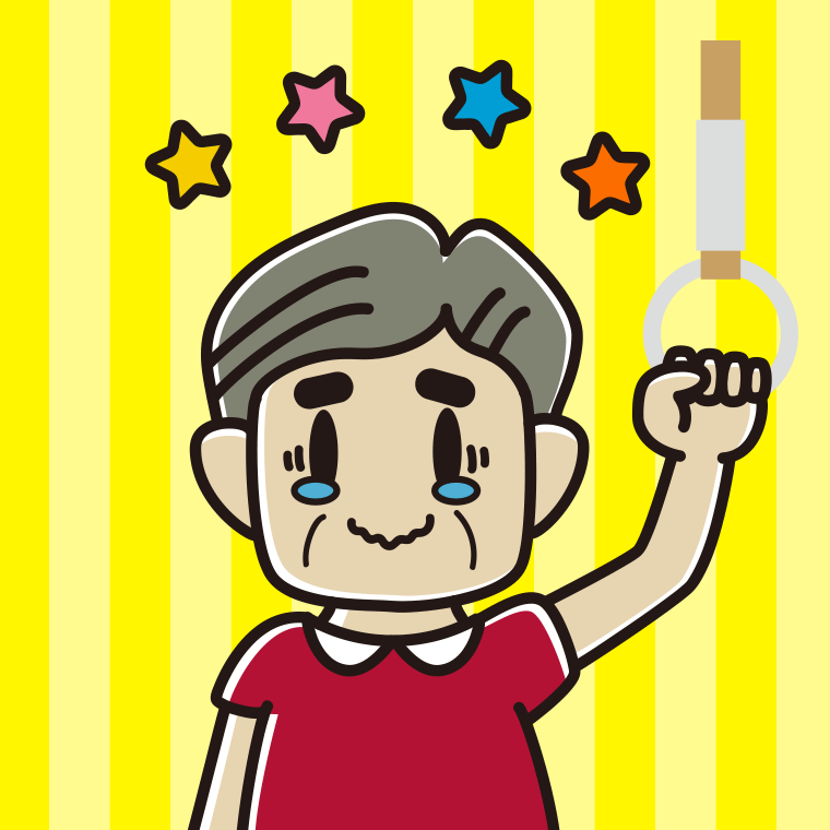 つり革につかまりジーンとするおじさんのイラスト【色、背景あり】PNG