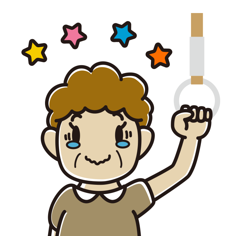 つり革につかまりジーンとするおばさんのイラスト【色あり、背景なし】透過PNG