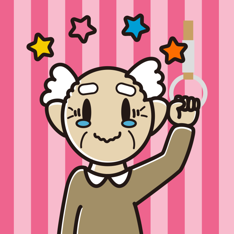 つり革につかまりジーンとするおじいさんのイラスト【色、背景あり】PNG