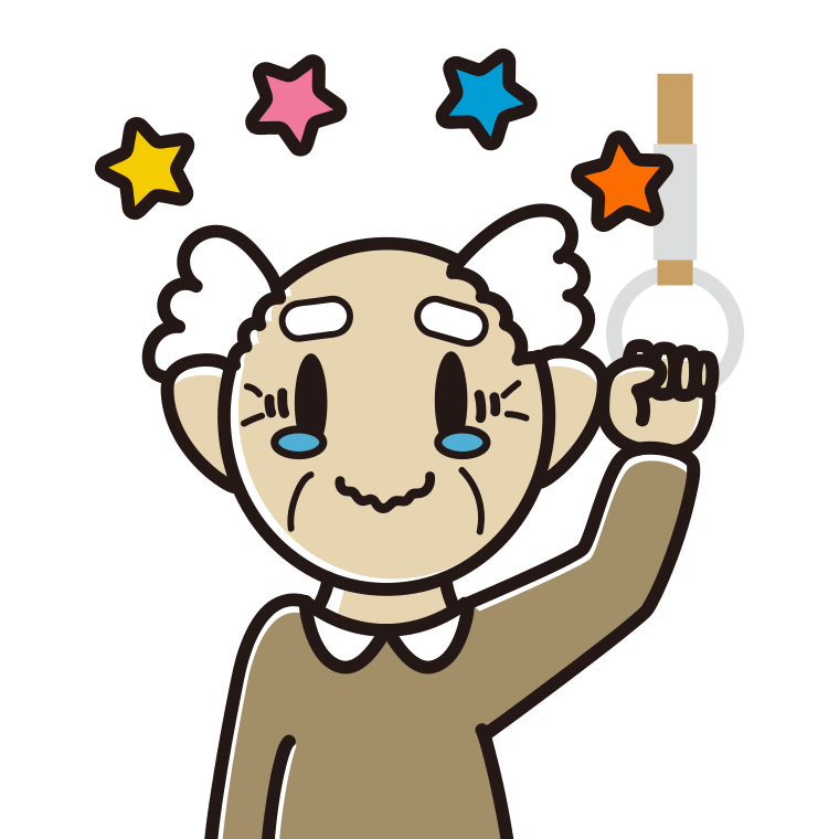 つり革につかまりジーンとするおじいさんのイラスト【色あり、背景なし】透過PNG