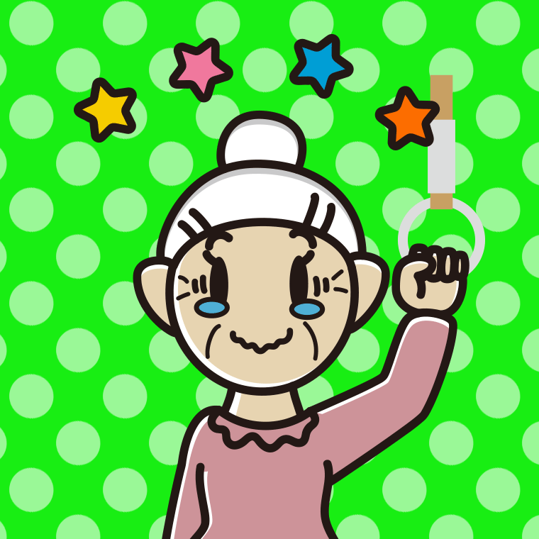 つり革につかまりジーンとするおばあさんのイラスト【色、背景あり】PNG