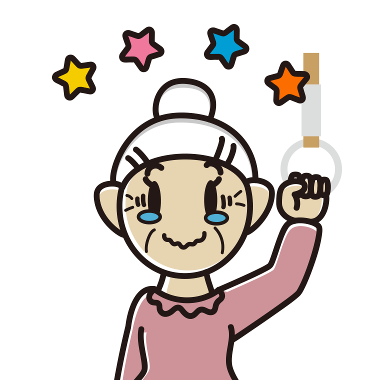 つり革につかまりジーンとするおばあさんのイラスト【色あり、背景なし】透過PNG