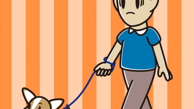 犬の散歩で困る男性のイラスト【色、背景あり】PNG