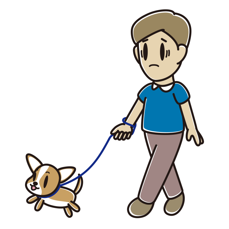 犬の散歩で困る男性のイラスト【色あり、背景なし】透過PNG