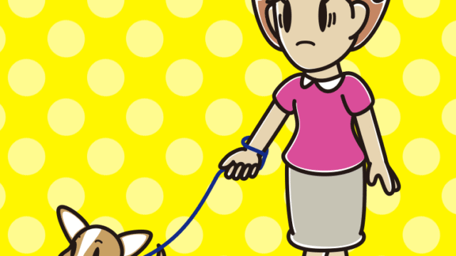 犬の散歩で困る女性のイラスト【色、背景あり】PNG