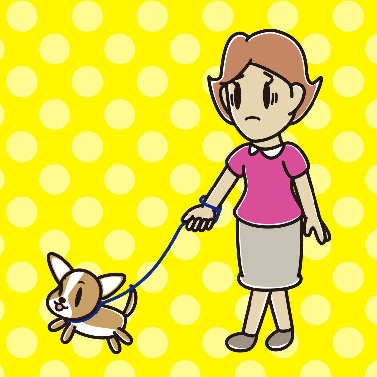 犬の散歩で困る女性のイラスト【色、背景あり】PNG