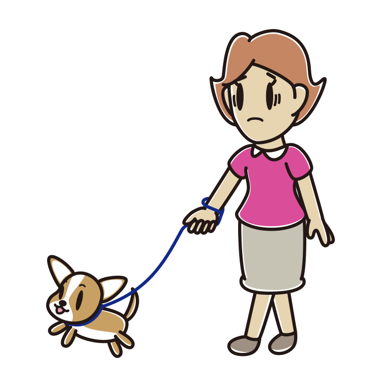 犬の散歩で困る女性のイラスト【色あり、背景なし】透過PNG