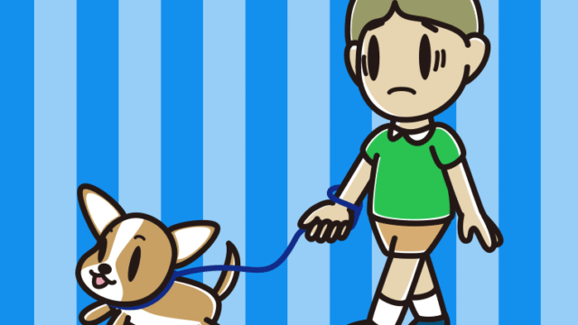 犬の散歩で困る小学生男子のイラスト【色、背景あり】PNG