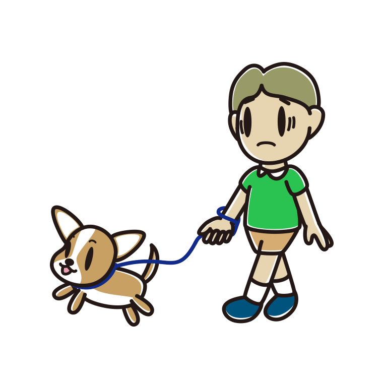 犬の散歩で困る小学生男子のイラスト【色あり、背景なし】透過PNG