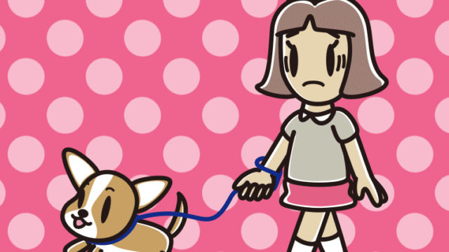 犬の散歩で困る小学生女子のイラスト【色、背景あり】PNG