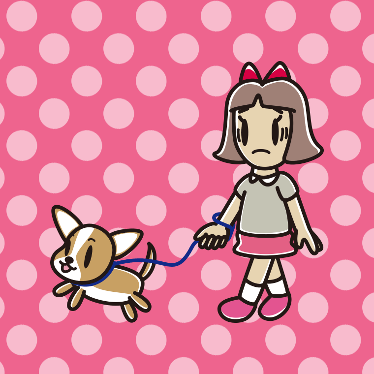 犬の散歩で困る小学生女子のイラスト【色、背景あり】PNG
