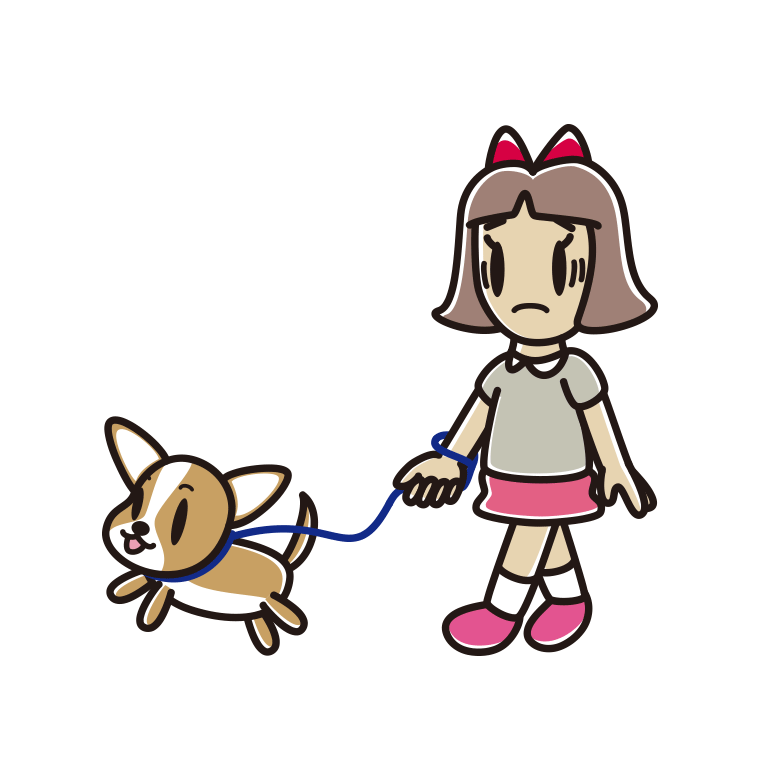 犬の散歩で困る小学生女子のイラスト【色あり、背景なし】透過PNG