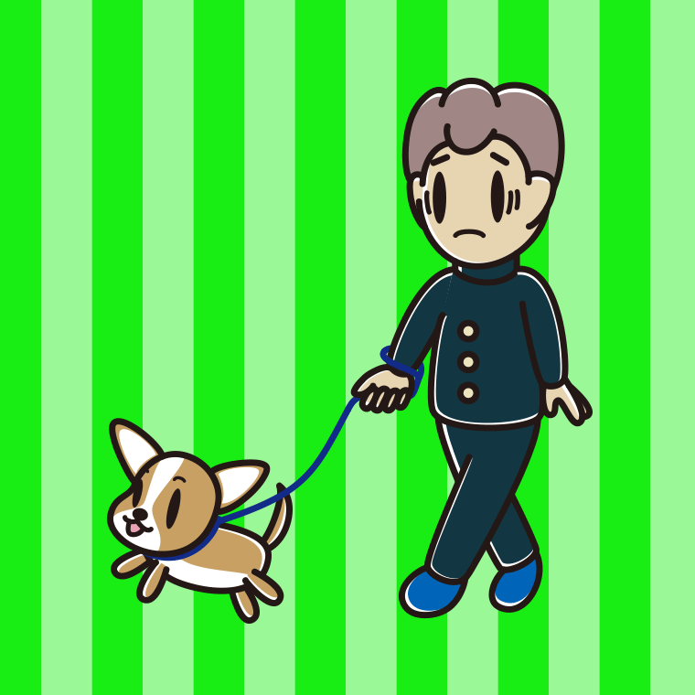 犬の散歩で困る男子中学生のイラスト【色、背景あり】PNG
