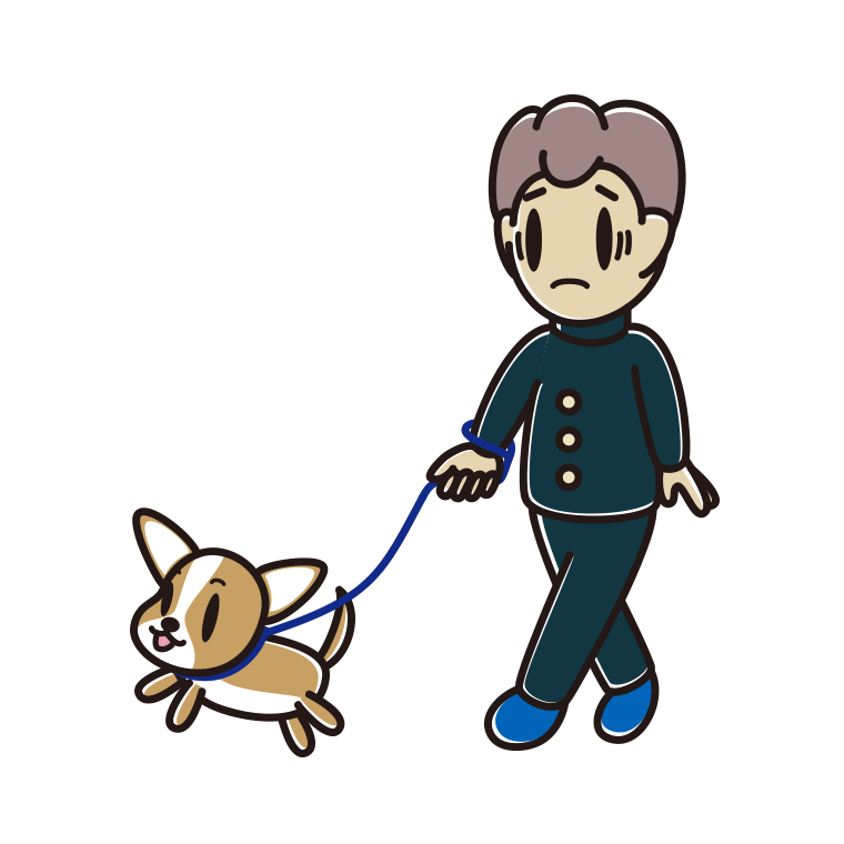 犬の散歩で困る男子中学生のイラスト【色あり、背景なし】透過PNG