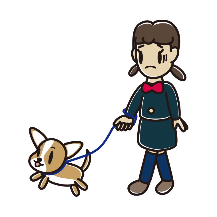 犬の散歩で困る女子中学生のイラスト【色あり、背景なし】透過PNG