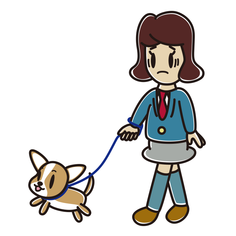 犬の散歩で困る女子高校生のイラスト【色あり、背景なし】透過PNG