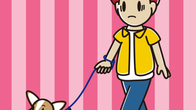 犬の散歩で困る男子大学生のイラスト【色、背景あり】PNG