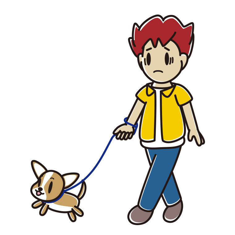 犬の散歩で困る男子大学生のイラスト【色あり、背景なし】透過PNG