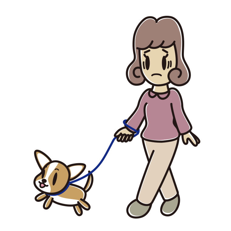 犬の散歩で困る女子大学生のイラスト【色あり、背景なし】透過PNG