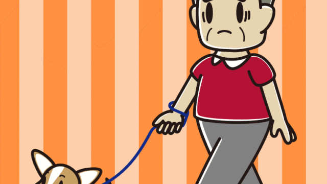 犬の散歩で困るおじさんのイラスト【色、背景あり】PNG